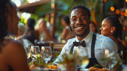 A diligent waiter enhances the dining experience for a group of female friends, AI Generative