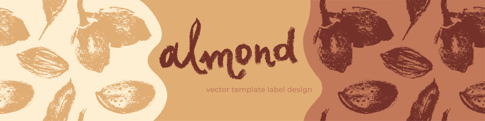 Almond label template with almonds seamless pattern. Hand-drawn illustrations of nuts for web banner, oil packaging or marzipan paste label design. Vector floral sketches background, almond ornament.