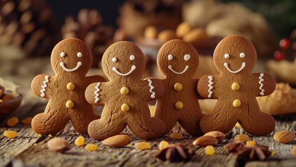 Four gingerbread man cookie stands, wooden table, nuts, almond, homemade bakery on National Cookie...