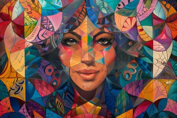 A beautiful woman with colorful hair, her face is in the center of an abstract background made up of many geometric shapes and patterns, with various colors, such as reds, pinks, yellows, blues, green