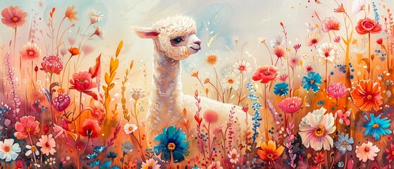 Bright and delightful watercolor painting of a cute alpaca frolicking amidst a field of blooming flowers, full of life and color