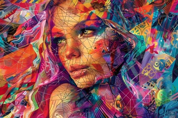 A beautiful woman with colorful hair, her face is in the center of an abstract background made up of many geometric shapes and patterns, with various colors, such as reds, pinks, yellows, blues, green