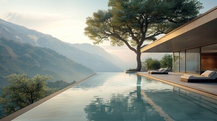 Contemporary villa, vast verdant setting, infinity pool blending with landscape, inviting terrace, 3D architectural visualization, AI Generative