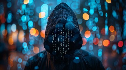 Cyber shadow, hacker in hood, face a matrix of codes, abstract blue digital backdrop, essence of cyber threat, AI Generative - obrazy, fototapety, plakaty