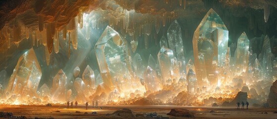 Crystal caverns Explorers discovering a vast cavern, AI Generative