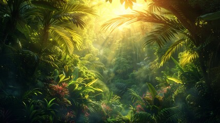Dense tropical jungle scene for Earth Day, showcasing natural preservation, vibrant biodiversity, canopy layers in sunlight, AI Generative