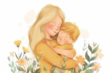 A blonde woman with shoulder-length hair hugs her sleeping son. The illustration is in a simple, flat style on a white background, with flowers in the corners of the picture