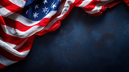 American flag on dark blue stone background. Top view with copy space