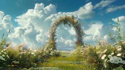 An elaborate wedding ceremony set against a backdrop of breathtaking natural beauty, with an arch of flowers framing the couple exchanging vows beneath a canopy of blue skies and billowing clouds