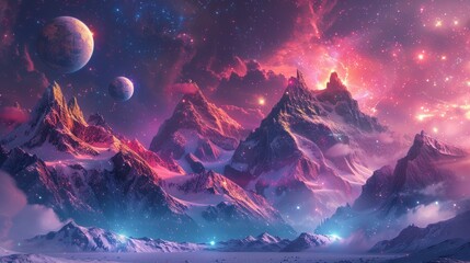 fantasy future, stars and planets align over neon-lit mountains, abstract sci-fi background, AI Generative
