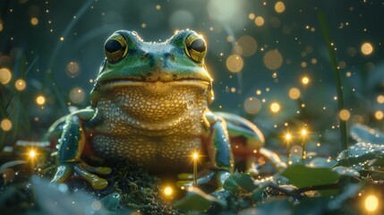 Flying tree frog in joyful leap, emerald against twilight, dense forest backdrop, whimsical, enchanted mood, twilight's soft, ambient light with sparkling fireflies around, AI Generative - obrazy, fototapety, plakaty
