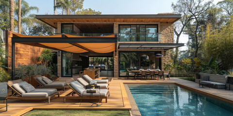  A wooden house with large windows, surrounded by lush greenery and trees, featuring an outdoor pool area with lounge chairs, a barbecue grill, dining table, and bar counter. Created with Ai - obrazy, fototapety, plakaty