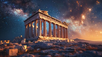 Obraz premium Parthenon under the vast starry night, echoes of ancient glory, tranquil and mystical, AI Generative