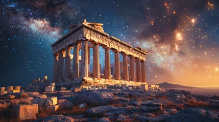 Poster Parthenon under the vast starry night, echoes of ancient glory, tranquil and mystical, AI Generative © sorapop