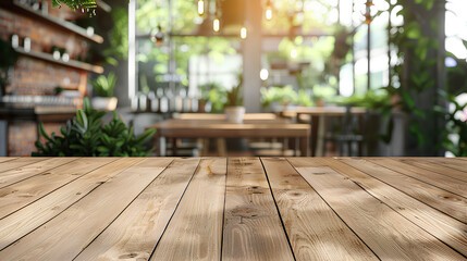Empty light wood table with blur interior Modern coffee shop restaurant or Modern cafe for background