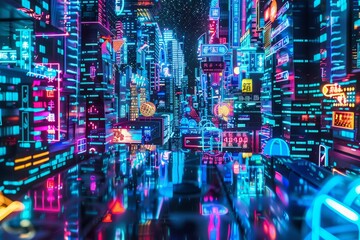 A neon-lit metropolis with abstract light patterns, glowing street signs, and bustling nightlife, Generative AI