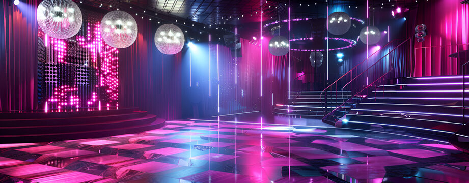 Disco Club with stage dance floor with stair, chandelier