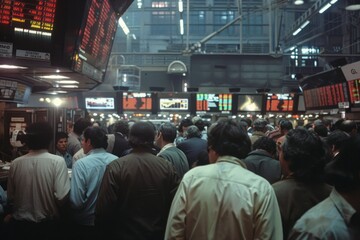 A bustling stock exchange floor with traders shouting and digital screens showing stock prices. - obrazy, fototapety, plakaty