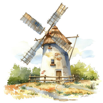 Windmill. Light watercolor isolated illustration on white background. Picture for design.