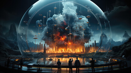 A large, glass sphere containing an exploding alien city inside it while onlookers watch from the outside. The explosion is massive and highly detailed with smoke billowing out. Created with Ai