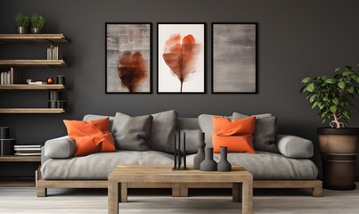 Interior of modern living room with grey sofa.