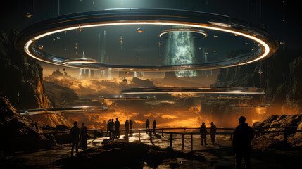 A large circular glass tank containing various planets and creatures, illuminated by warm lights in the darkness of an exhibition hall with visitors watching it. Created with Ai