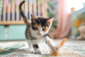 A calico cat playing with a feather toy in a playfully decorated nursery with pastel colors