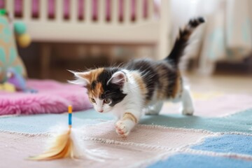 A calico cat playing with a feather toy in a playfully decorated nursery with pastel colors