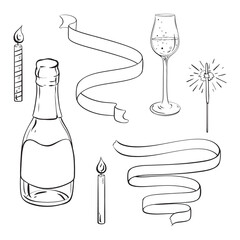 a bottle of champagne , a glass of wine , a candle , a ribbon , and a sparkler