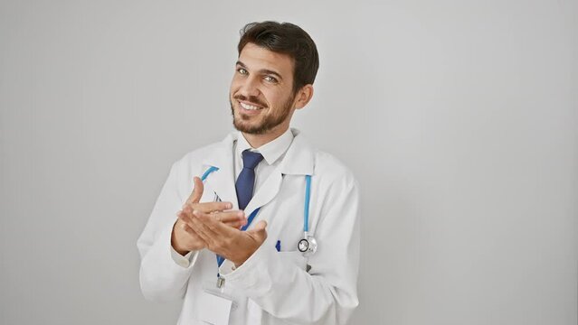 Sneaky young hispanic doc in white coat doing cash gesture with hands, millionaire business, wearing stethoscope and asking for salary payment on isolated background