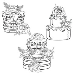 Monochrome illustration of three cakes adorned with flowers