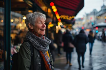 Portrait of happy senior woman on Christmas market in London, UK