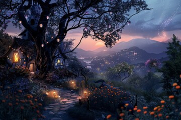 illustration of a charming fairy landscape at dusk with soft lighting