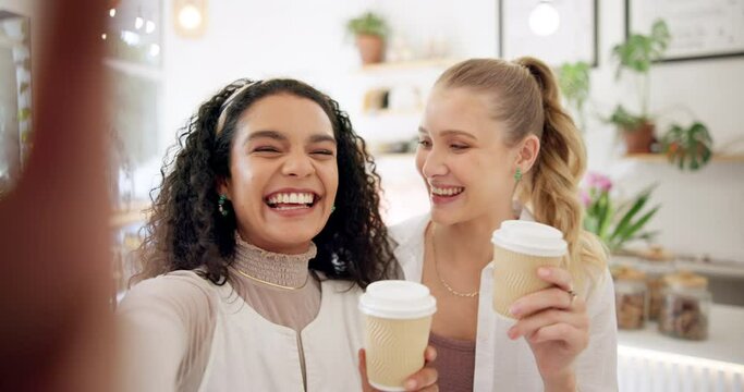Women, friends and cheers with coffee for selfie for live streaming on social media or post on Internet for memories. Female influencers, happy and picture for blog in cafe and bonding together.