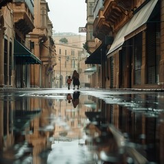 cinematic shot of an old city street with puddles on the ground, in one of them is reflected a man walking away from camera and another person running towards him, buildings and green awnings 