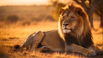 A majestic lion basking in the golden light of the savannah