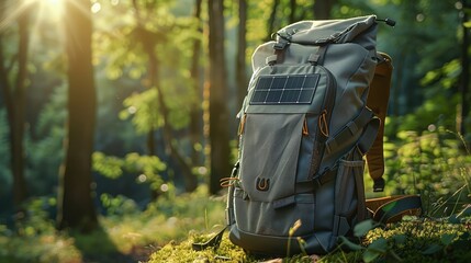 An e-textile backpack with solar panels for charging electronic devices on the go, - obrazy, fototapety, plakaty