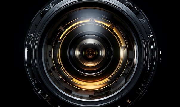 Close up of a camera lens on black background.