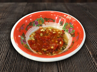 red pepper,kumquat,salt,Vietnam sauce Various sauces, view from above.