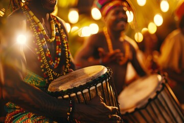 A closeup shot of the drums at an outdoor reggae music festival, with people in colorful attire celebrating around them. The focus is on one drum being played in the style of two men - obrazy, fototapety, plakaty