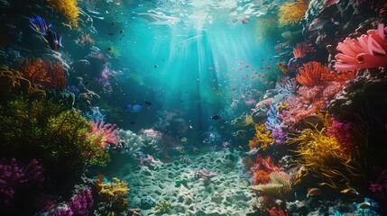 An ethereal depiction of the underwater world, with vibrant coral reefs and exotic sea creatures creating a mesmerizing underwater paradise.