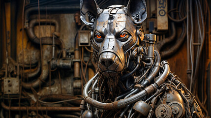 Fototapeta na wymiar Cyberpunk-Inspired Metallic Robot Dog with Glowing Red Eyes in Industrial Setting