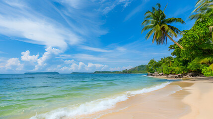 beach with coconut trees, Beautiful tropical beach and sea with blue sky background.