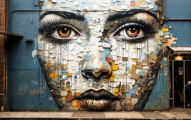 Contemplative Woman's Mural on Urban Building Wall with Decollage Effect - Daytime Street Art