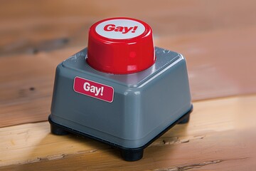 Round red push button with the word "Gay!" on it. Alarm. Remote control. Symbol. Icon. Help. Emergency. Press. Push. Caution
