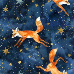 Obraz na płótnie Canvas Leaping foxes under starry skies, magical watercolor, seamless pattern, deep blues and glittering stars, night adventures.Seamless Pattern, Fabric Pattern, Tumbler Wrap, Mug Wrap.