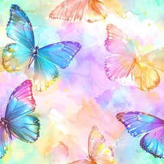 Butterflies and rainbow prisms, magical watercolor, seamless pattern, pastel rainbows, fluttering light, whimsical flights. Seamless Pattern, Fabric Pattern, Tumbler Wrap, Mug Wrap.