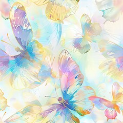 Fototapeta na wymiar Butterflies and rainbow prisms, magical watercolor, seamless pattern, pastel rainbows, fluttering light, whimsical flights. Seamless Pattern, Fabric Pattern, Tumbler Wrap, Mug Wrap.