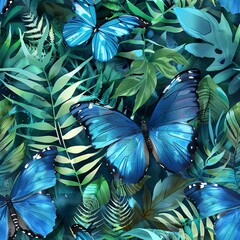 Blue Morpho butterflies amidst ferns, mystical watercolor, seamless pattern, iridescent blues, deep greens, hidden wonders.Seamless Pattern, Fabric Pattern, Tumbler Wrap, Mug Wrap.