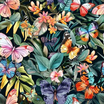 Swarming butterflies in tropical gardens, lush watercolor, seamless pattern, vivid colors, blooming florals, vibrant ecosystem. Seamless Pattern, Fabric Pattern, Tumbler Wrap, Mug Wrap.
